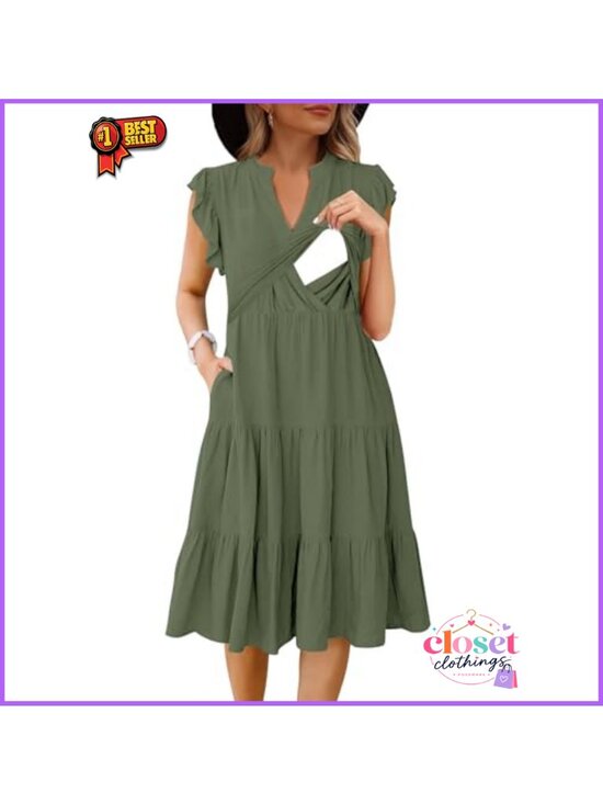 Dresses & Skirts - Womens Nursing Midi Dress Sleeveless Tiered Breastfeeding Pockets